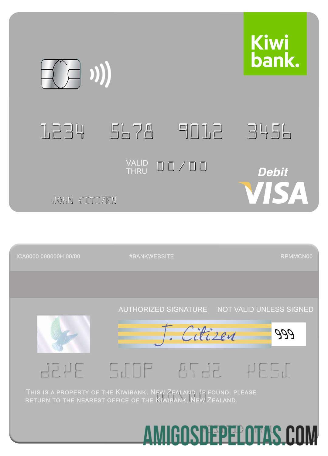 New Zealand Kiwibank Visa Debit Card sample